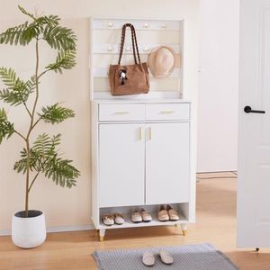 White Entryway Bedroom Armoire with Hanging Rod Shoe Cabinet and Wardrobe Closet Drawers Shelves Handles Clothes Organiser - Product Image 4