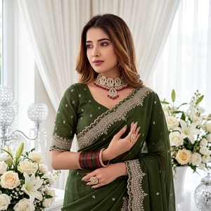Sari de Georgette Verde Elegante de AARA Fashion con Borde Bordado para Mujer, Estilo Indio-Pakistaní, Largo hasta el Suelo, para Bodas - Product Image 3