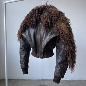 Chaqueta bomber de piel auténtica con ribete de piel sintética, con cremallera, corta, gruesa, para invierno, unisex, estilo urbano. - Product Image 5