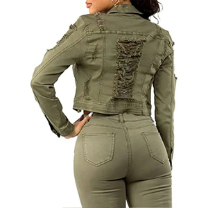 Conjunto de Chaqueta Vaquera Verde Oliva y Jeans Ajustados para Mujer, Rotos, Desgastados, de Algodón y Poliéster, Estilo Casual para Otoño - Product Image 2