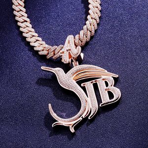 ทองคำขาว 14KT ประดับเพชร D VVS คุณภาพสูงทรงบริลเลียนต์  แบบ Cuban Link Chain  พร้อมจี้รูปนกตัวอักษร JB  สไตล์ฮิปฮอป  รับประกันโดย IGI - Product Image 3