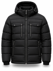 <b>Men's</b> Black Hooded Puffer <b>Jacket</b> Winter Warm Windproof Waterproof Quick Dry Zipper <b>Smart</b> Casual Regular Fit Polyester Wadding - Product Image 1