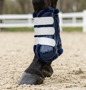 Premium Dark Navy Blue Patent Faux Leather Horse Shockproof <b>Brushing</b> <b>Boot</b> Matching Fur Padded Glitter Velcro Strap - Product Image 4