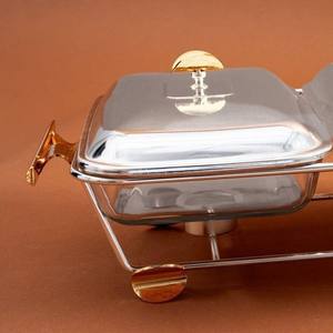 Ensemble de réchauds à double paroi en verre de qualité supérieure, cadre en acier inoxydable avec poignées dorées, rectangulaire, 2 bacs, chauffe-plats pour restaurant et buffet - Product Image 6