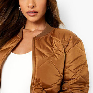 Women's PU Leather Thin Quilted Bomber Jacket Full Sleeve <b>Zipper</b> Closure Solid Color Turn-down Collar Short Length Autumn Wear - Product Image 3