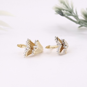Pendientes de Oro Amarillo de Lujo con Diseño de Abanico, Textura Clásica, Volantes y Diamantes de Laboratorio de Corte Brillante, con Cierre de Palanca, Joyería Fina para Mujer - Product Image 1