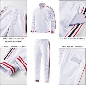 Conjunto Deportivo Unisex Blanco con Cremallera, Cuello Alto, Rayas, Sudadera y Pantalones, Transpirable, Corte Regular, Otoño, Adulto - Product Image 3