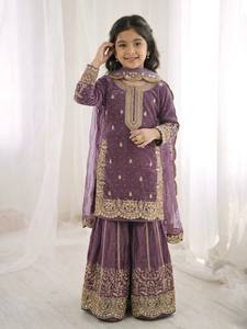Traje Anarkali Tradicional de Seda Bordada en Morado, de Microalgodón de Secado Rápido, para Niñas, Largo hasta el Suelo, Estilo Indio-Pakistaní - Product Image 2