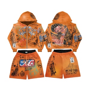 Conjunto de Sudadera con Capucha y Pantalones Cortos para Hombre, Estampado de Grafiti, Cierre de Cremallera, Estilo Urbano, Gris, Poliéster y Algodón - Product Image 2