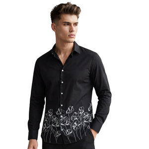 <b>Black</b> Floral Embroidered <b>Mens</b> Long Sleeve <b>Shirt</b> Button Down Casual <b>Slim</b> <b>Fit</b> Fashion <b>Shirt</b> for Formal Party Evening Wear - Product Image 1