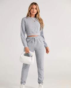 New Arrival Sports Tracksuit Jogging for Women Custom Tracksuits Set 100% Cotton Fleece 2 Piece Women <b>crop</b> <b>top</b> Tracksuit Set - Product Image 4