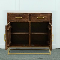 Buffet contemporain moderne de luxe en bois de manguier massif, design parquet, deux portes, deux tiroirs, métal doré, pour salon ou hôtel