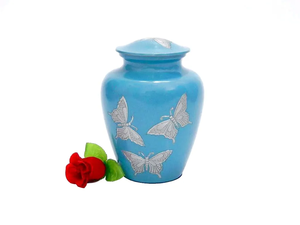 Urna Funeraria de Metal Azul Aqua de Lujo al por Mayor, Jarra Conmemorativa con Arte Abstracto Verde y Acabado Esmaltado Pulido - Product Image 3