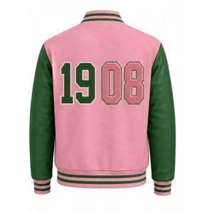 Veste universitaire rose et verte pour homme, style preppy, lettres AKA brodées, fermeture boutonnée sur le devant, coupe classique, vêtement d'automne - Product Image 6