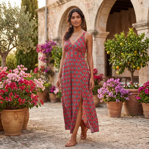 Vestido maxi bohemio sin mangas con cuello en V y abertura alta, estampado geométrico, de rayón tejido, corte A, cintura imperio, para uso diario de verano. - Product Image 1