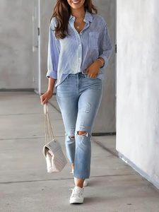 Camisa de Mujer, Corte Clásico, Estampado a Rayas Azul y Blanco, Polialgodón, Manga Larga, Cuello Mao, Largo Estándar, Cierre de Botones - Product Image 3