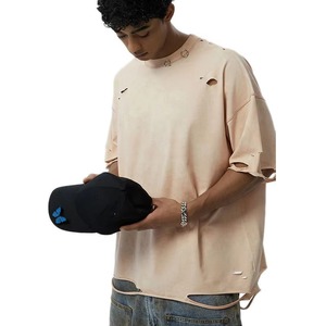 Nueva Camiseta Oversize de Hombre Estilo Streetwear con Hombros Caídos, Lavado Ácido, Vintage, Desgastada, de Corte Holgado, Manga Corta y Cuello Simulado - Product Image 6