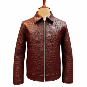 Chaqueta acolchada de cuero repujado marrón para hombre, cuello alto, cierre de cremallera, manga regular, ropa de invierno, poliéster lavado - Product Image 3