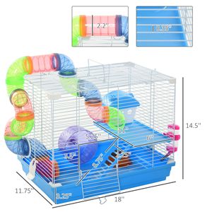 Gabbia Blu a 2 Piani per Gerbilli e Criceti con Vassoio in Ferro, Bottiglia d'Acqua, Ciotole per Cibo, Portatile e Anti-Infortunio per Conigli - Product Image 3