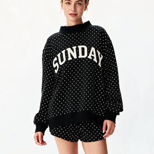 Varsity Hooded-<b>Black</b> Solid Knitted Front Logo <b>Women's</b> Cotton <b>Fleece</b> Oversized Y2K Streetwear Pullover - Product Image 1