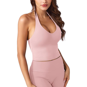 <b>Women</b> Seamless Halter Crop <b>Top</b> Solid Color Yoga Activewear Set <b>Pink</b> Spandex Polyester High Waist Shorts - Product Image 4