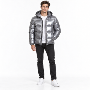 Blouson matelassé pour homme personnalisé, argenté brillant, à capuche, chaud, en nylon enduit de duvet, zippé, coupe-vent, décontracté - Product Image 1