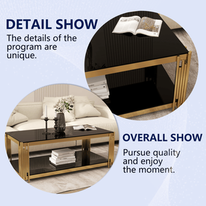 Table de salon rectangulaire noire moderne de 47 pouces avec plateau en verre trempé teinté or, table basse à double niveau - Product Image 5