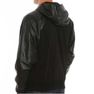 Sweat-shirt à capuche en cuir véritable fait main pour homme, 100 % cuir, avec manches en cuir, pull chaud d'hiver, streetwear, capuche à manches en cuir - Product Image 1