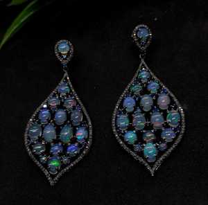 Ethiopian Opal Diamond Earring Pave Diamond Earrings 925 Sterling Silver Handmade <b>Oxidized</b> Dongle Diamond Earring Gift For Her - Product Image 3