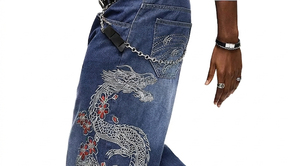 Men's Wide Leg Denim <b>Jeans</b> High Waist Loose Fit <b>Embroidered</b> Dragon Floral Pattern Hip Hop Streetwear Style Stonewashed Cotton - Product Image 6