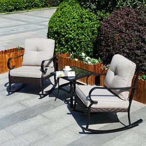 Single Rocking Patio Garden <b>Chair</b> with Beige <b>Comfy</b> Cushions Wicker Material - Product Image 4