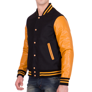 <b>Mens</b> Black and Yellow Varsity <b>Jacket</b> Yellow Leather Sleeves Letterman Bomber <b>Jacket</b> Casual Baseball Style Winter <b>Warm</b> Outerwear - Product Image 1