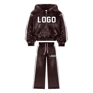 Ensemble survêtement homme personnalisé avec logo, fabriqué en usine, en coton 100% délavé à l'acide, avec strass, fermeture éclair intégrale, grande taille, coupe oversize - Product Image 2