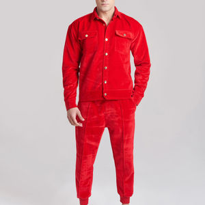 Conjunto Deportivo de Lujo para Hombre en Terciopelo Rojo, Chaqueta con Botones y Pantalones Jogger, Ropa Casual de Calle - Product Image 1