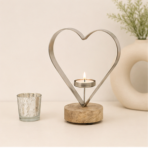 Modern Rustic Heart-Shaped Metal <b>Tea</b> Light Candle Holder With Solid Mango Wood Base Elegant Silver Heart Sculpture Tabletop - Product Image 2