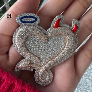 Pendentif en Moissanite Or Rose, Breloque Cœur Ange-Diable, Coupe Ronde Brillante, Micro-Incrustation, Cadeau Bijou - Product Image 1