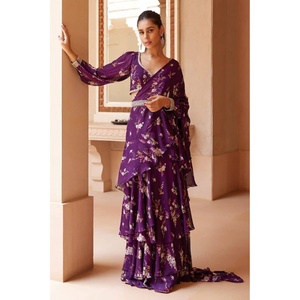 ATRACTIVA GEORGETTE ESTAMPADO FLORAL ESTILO LEHENGA SAREE DUPATTA CON BLUSA COSTADA Y CINTURÓN LAVANDA - Product Image 5