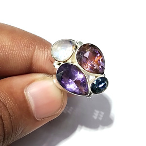 Natural Amethyst Moonstone Blue Kyanite 925 Sterling <b>Silver</b> Multi Gemstone Bohemia Style Third Party Certified <b>Statement</b> <b>Ring</b> - Product Image 2