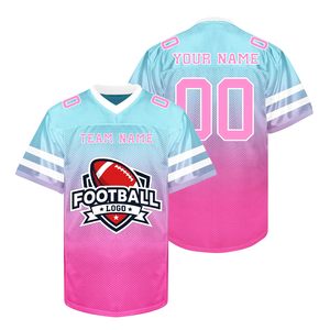 Custom Sublimated American Football Jersey V-Neck Short Sleeve Breathable Mesh Gradient Pink Blue Team Name Number Printed - Product Image 4