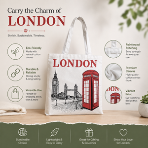 Bolsa de Mano de Lona de Algodón con Estampado de Londres |   Bolsa de Compras Reutilizable Ecológica, Bolsa de Mano Promocional Personalizada con Asas Largas - Product Image 6