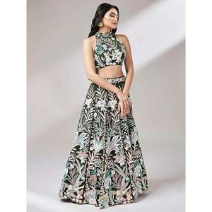Evening Dress Olive <b>Green</b> Sequins Art Soft <b>Net</b> Mehendi Lehenga Choli - Product Image 6