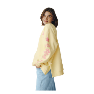 <b>Women</b> Yellow Crew <b>Neck</b> <b>Sweatshirt</b> With Pink Floral Embroidery On Sleeves Casual Knitted Long Sleeve Spring Style - Product Image 2