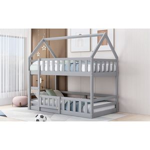 Letto a castello grigio a due piazze con recinzione e porta per bambini - Product Image 4