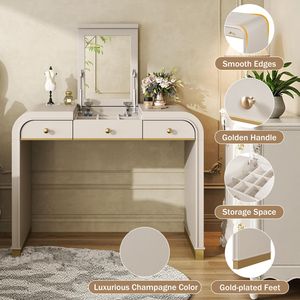 Champagne Classic Wood Vanity <b>Desk</b> for <b>Bedroom</b> 3-in-1 Dressing Table with Flip Mirror and 2 Drawers for Makeup Storage - Product Image 6