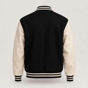 Chaqueta Varsity Negra y Crema Personalizada para Hombre, Cuerpo de Lana con Mangas de Cuero PU, Cierre de Botones a Presión, Cuello y Puños Acanalados - Product Image 3