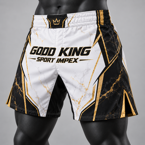 Sublimated Velcro Waist <b>Shorts</b> Marble White <b>Black</b> Gilded Trim Crown Emblem Split Hems Lightweight Polyester <b>Mens</b> Sports Team Kit - Product Image 1