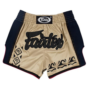 กางเกงมวยไทย Fairtex รุ่นพรีเมียม ผ้าซาติน สีเบจ-น้ำเงินกรมท่า ด้านข้างเป็นผ้าตาข่าย เอวยางยืด ระบายอากาศได้ดี ยืดหยุ่น น้ำหนักเบา - Product Image 1
