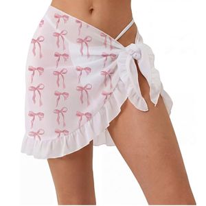 <b>Pink</b> Bow Cover up Sarong <b>Wrap</b> Skirt Ruffled Bachelorette Outfits for Bride Sheer Mesh Bridal Swimsuit Bathing Suit - Product Image 1