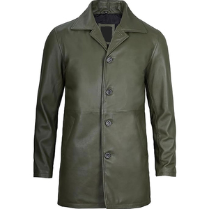 SHARISSA INTERNATIONAL Manteau long en cuir véritable pour homme, col roulé, manches classiques, couleur unie, vert olive, vêtement d'extérieur - Product Image 1