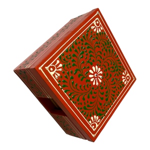 Sous-verres carrés en bois faits à la main avec motif floral peint, art populaire, décoration intérieure, couleur bleue - Product Image 3